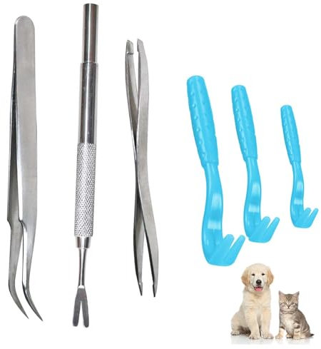 Gudemoore 6 en 1Tire Tique, 3 Pince a Tiques en Plastique et 3 Anti Tique Chien Accessoires en Acier Inoxydable, pour Chiens,Chats et Autres Animaux