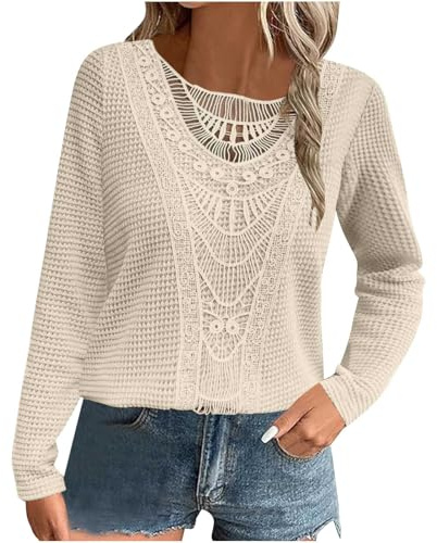 Women's Elegant Dressy Tunic Tops & Lace Blouse - Long Sleeve Waffle Tshirts & Casual Sweatshirts for Women - UK Clearance
