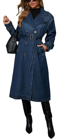 cffvdiz Vintage Lapel Collar Lungo Denim Giacca Doppio Petto Cintura Manica Lunga Lavoro Ufficio Jean Trench Cappotto,Dark blue,S