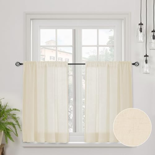 CUCRAF Echte Leinen Scheibengardine Bistrogardine Küchengardinen H 60 x B 60 Natur Halb Transparent Stores Gardinen Fenster Gardinen Gardinenschal
