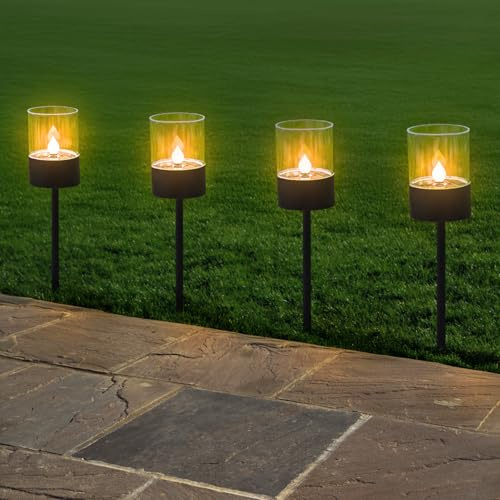 Garden Mile Solar Flame Torch Lights – 4-Pack Flickering LED Solar Lanterns for Outdoor Pathway, Patio, Driveway, Garden – Black Steel Stake, Waterproof, Easy Install, Energy-Saving Lights