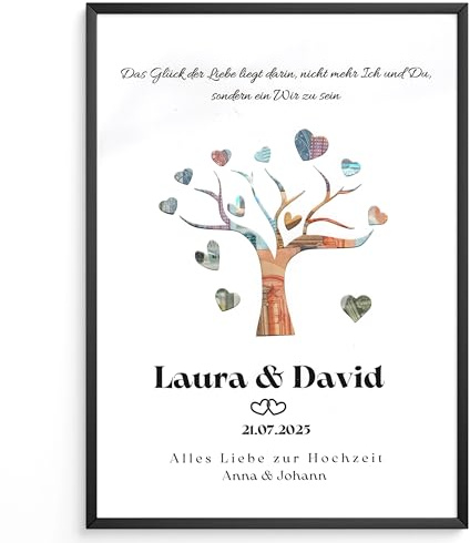DigiNutz Personalisiertes Geldgeschenk zur Hochzeit im Bilderrahmen – Hochzeitsgeschenk für das Brautpaar – mit Namen & Datum – Geschenkidee für Brautpaar – Baum – DIN A4, A3