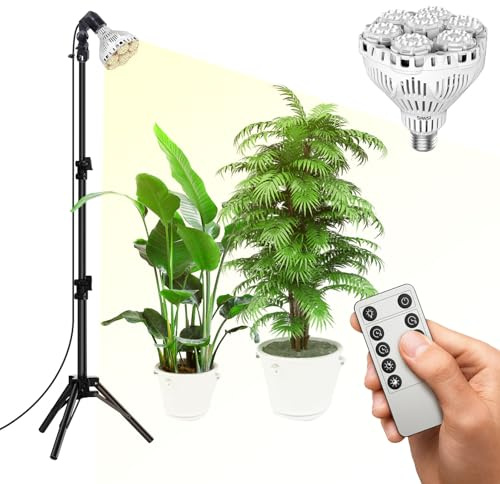 SANSI Dimmable LED Grow Light for Indoor Plants with Tripod Stand, 4000K Sunshine Full Spectrum E27 Grow Light, 40~110CM Height Adjustable, Remote Control, Timer 4/8/12Hrs, 4-Level Brightness