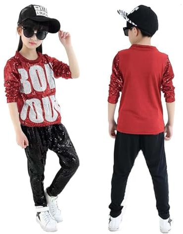 LOLANTA Traje de Retro Hip Hop con Lentejuelas para Niños Disfraz de Danza Callejera Infantil Trajes de Danza Moderna Jazz Disco Brillante Conjunto Top Pantalones, Rojo, 8-9 años, 140