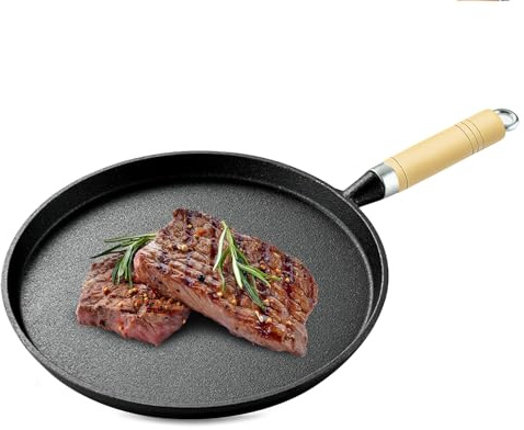 Sartenes Hierro Fundido, 26CM Sarten Hierro Fundido con Mango de Madera, Sartén Redonda de Cast Iron Skillet Sin Revestimiento, Compatible con Cocina de Gas e Inducción,Freír Huevos y Filetes(Negro)