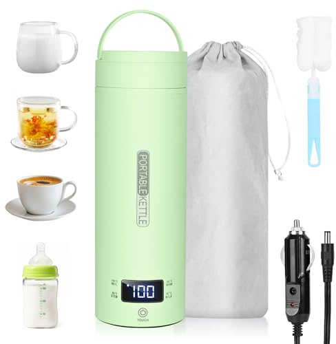 Dreamhigh® Reisewasserkocher, 450ml Mini Wasserkocher, 96W Wasserkocher Klein aus Edelstahl, Auto Wasserkochers, Unterwegs Heizung Automatisch Abschalten für Tee,Kaffee,Babymilch Auto (Grün)