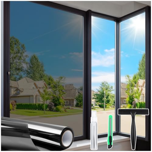 Homein One Way Privacy Window Film with Tool Window Tint for Home Heat Control Sun Blocking Anti UV Mirror Reflective Covering See Out Not in Static Cling No Glue Black-Silver 17.5 x 78.7