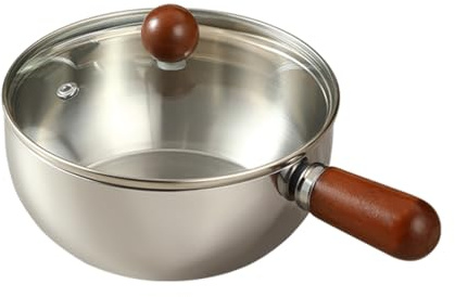 UGCER Casserole à Lait en Acier Inoxydable 316 avec Couvercle en Verre, Petite marmite pour soupes, Nouilles, Lait et sauces, poignée en Bois Confortable,Argent,14cm/600ml