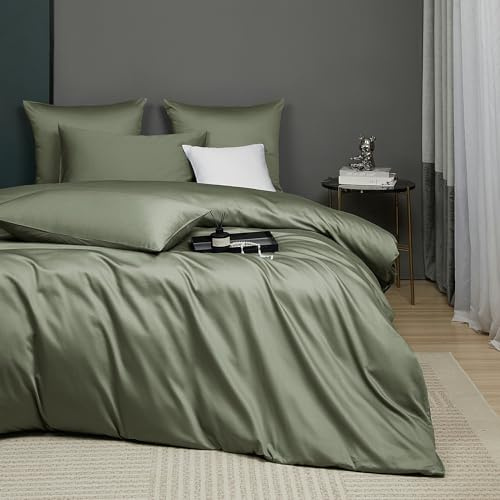 Luofanfei Mako Satin Baumwolle Bettwäsche 220x240 Grün Olivgrün Kühlend Glatt Muster Atmungsaktiv Bettwäsche Set Weich und Bügelfrei Uni Bettbezug und 2 Kissenbezüge 80x80cm
