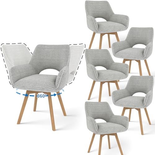 JIJIAN 6er Set 360° Drehbare Esszimmerstühle mit Armlehnen, Grau | Drehbar Stühle Esszimmer mit Holzbeinen, Moderner Küchenstuhl aus Cord, Polsterstuhl für Esszimmer, Küche, Wohnzimmer