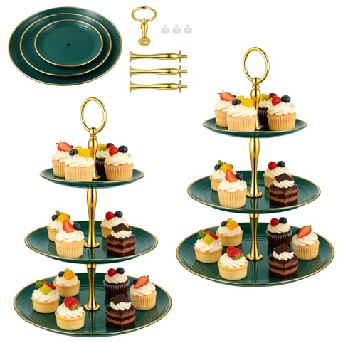 FUNSUEI 3 alzate a 3 ripiani, colore verde scuro, supporto per cupcake, in plastica, per torte, cupcake e muffin