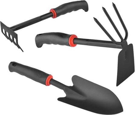 NUOBESTY Juego De Herramientas De Jardinería De Hierro Para Plantas y Macetas, Set De 3 Piezas Pala Ancha, Mini Rastrillo Doble Uso y Mango Antideslizante Ergonómico, Adecuado Para Interior y Exterior