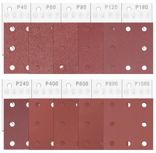Akamino 100 Pcs 110x115mm Sander Pads Sanding Sheets, 8 Hole Hook and Loop Sanding Pads 40/60/80/120/240/400/600/800 Grit Assortment Palm Detail Sand paper for Electric Sander Polishing Rinding