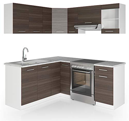 Vicco Cucina ad angolo Rick, Grigio nobile/Bianco, 187 x 167 cm, PL Marmo, con moduli posizionabili variabilmente e piedini regolabili in altezza