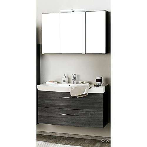 Lomadox Badmöbel Waschtisch & Spiegelschrank Set FLORIDO-03 Eiche rauchsilber, Graphitgrau, 100cm