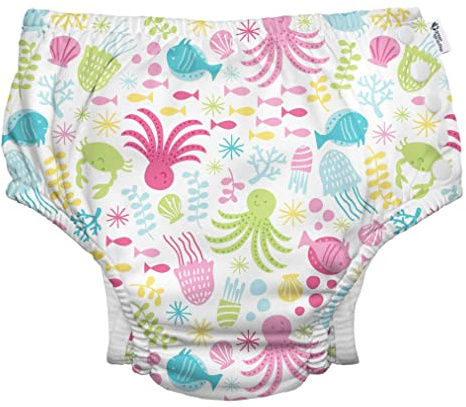 green sprouts Baby Girls Snap Reusable Absorbent Swimsuit Diaper, White Sea Pals, 3T