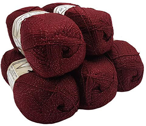 5 x 100 g Alize Glitzerwolle, Effektwolle einfarbig, 500 Gramm Metallic - Wolle mit 20% Woll-Anteil (Bordeaux 57)