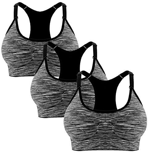 Libella 3-pack dam sport bh bustier komfort bh dragkedja vadderad push up stödfunktion justerbara remmar utan bygel yoga fitness, 3-pack svart, S/M