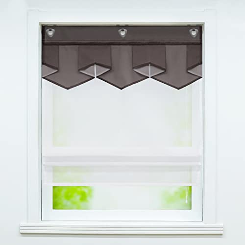 Joyswahl Voile Ösenrollo Modernes Raffrollo ohne Bohren 100x140 Braun | Anita Raffgardinen mit Hakenaufhängung mit farbigem Abschluss, Wohnzimmer, transparent, 1er Pack, Fenster Rollos für Innen