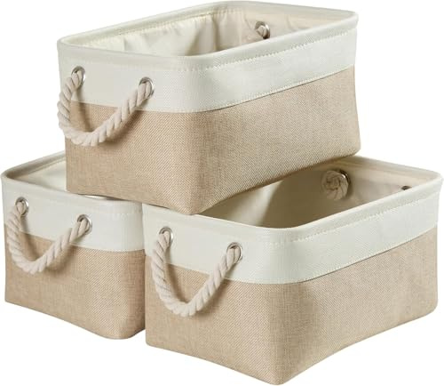 Mangata Large Storage Box set of 3, Fabric Storage Baskets with Handles for Cupboards, Wardrobe, Shelves, Bathroom, Clothes, Toys, Towel (38x28x24 cm, Light Khaki White)
