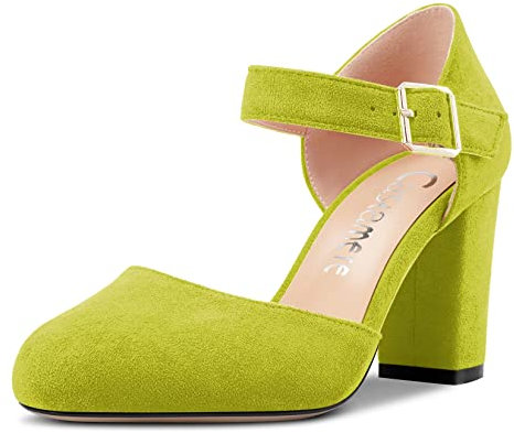 Castamere Mujer Chunky Ancho Alto High Heel Cerrado el Dedo del pie Redonda Punta Two-Piece Pumps Cierre con Hebilla de Boda Fiesta Dress Zapatos 8.5 CM Heels Verde Lima 41 EU