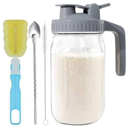 Glass Mason Jar Pitcher - 32oz Breast Milk Pitcher with Pour Spout Lid, Airtight Seal - Ideal for Cold Brew Coffee, Juice, Lemonade, and More - Premium Glass Jug for Beverages and Sun Tea