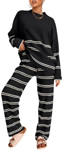 LILLUSORY 2-teiliges Outfit für Damen, 2024, übergroße gestreifte Pullover-Set, gemütliche Stricksets, Gestreift Schwarz 01, M