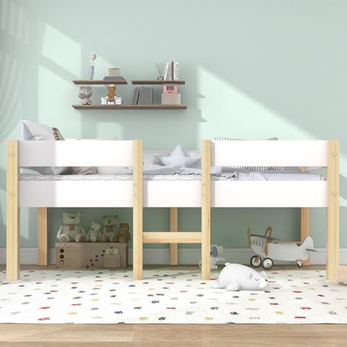 KOMHTOM Kinderbett im Hochbett mit Sicherheitszaun und Aufbewahrung unter Bett, Bettrahmen mit Lattenrost aus Holz (ohne Matratze) (90 x 200 cm), WF289183AAA