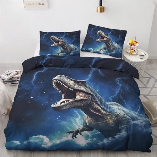 GEDAEUBA Dinosaurier Kinder Bettwäsche 155x220 Winter - T-Rex Dino Bettbezug 155x220 3 teilig, Wendebettwäsche und Kissenbezug 80x80, Weiche & Angenehme Mikrofaser Bettwäsche-Sets mit Reißverschluss