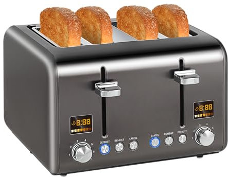 SEEDEEM 4-Scheiben-Toaster aus Edelstahl mit Farbigem LCD-Display, 7 Bräunungsstufen, 1,5'' Breite Schlitze, Bagel/Auftau/Aufwärm-Funktionen