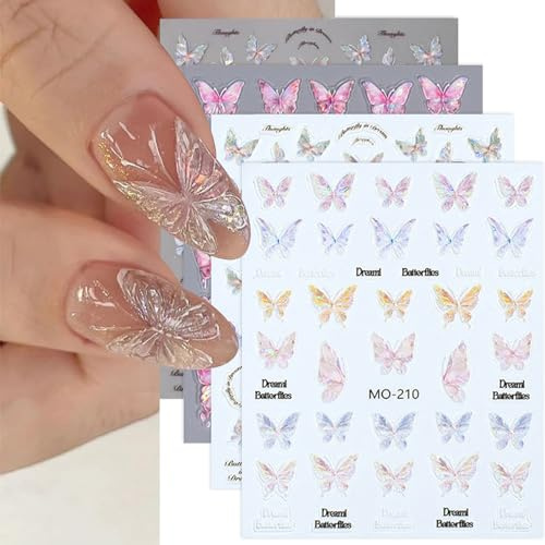 Hebterrka 4 Blatt Schmetterlings Nagelkunstaufkleber, 5d GepräGte Aurora Schmetterlings Nagelaufkleber, Rosa GläNzende SchmetterlingsnäGel, Aufkleber