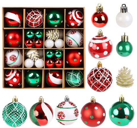 SULOLI Lot de Boules de Noël à Suspendre，Ensemble de Décoration Boules de Noël pour Pendentifs de Sapin de Noël (Rouge Vert Blanc)