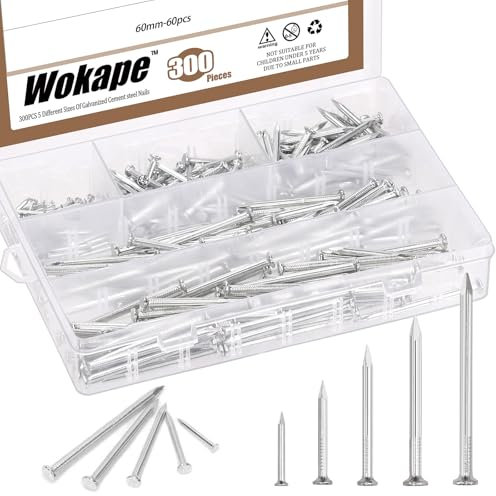 Wokape 300Pcs Stahlnägel Sortiment Kit, 20MM 30MM 40MM 50MM 60MM Silber verzinkte Hardware Nägel Zementnägel für hängende Bilder, Wandnägel, Holznägel, Finishing Nägel, Haushalt und DIY