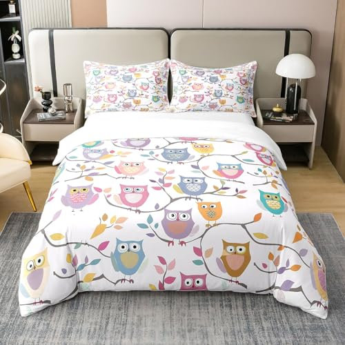 Eulen 100% Bio-Baumwolle Bettbezug 200x200,Karikatur Braun Baum Zweige Bunte Blätter Tröster Abdeckung,Kawaii Wild Tier Bettwäsche Set,Natur Thema Holztüren Bett Set für Jugendliche