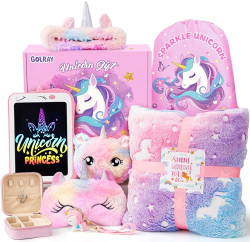 Tacobear Einhorn Geschenke für Mädchen 4 5 6 7 8 Jahren Leuchtende Kuscheldecke Zaubertafel Kordelzugbeutel Augenmaske Stirnband Halskette Einhorn Geburtstag Geschenk Mädchen