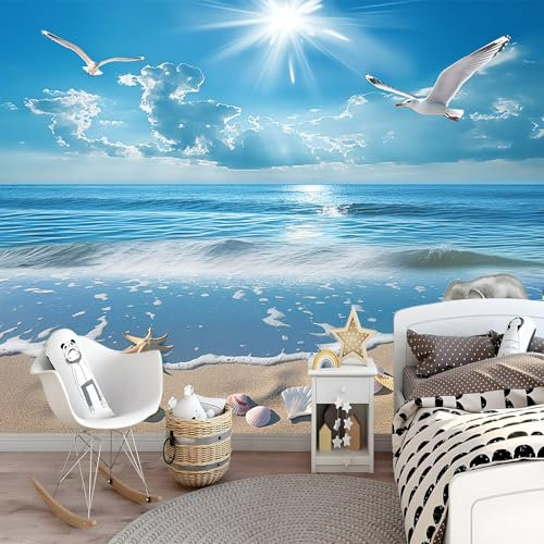 Carta da parati in tessuto non tessuto Mare scenico con uccelli in volo e spiaggia poster dipinti 200 x 140 cm fotografici da parete utilizzati per Blu soggiorno camera bambini decorazione parete