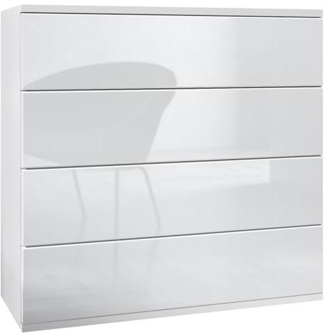 Vladon Kommode hängend Pavos V3, Sideboard mit 4 Schubladen Weiß matt/Weiß Hochglanz (76 x 76 x 35 cm)