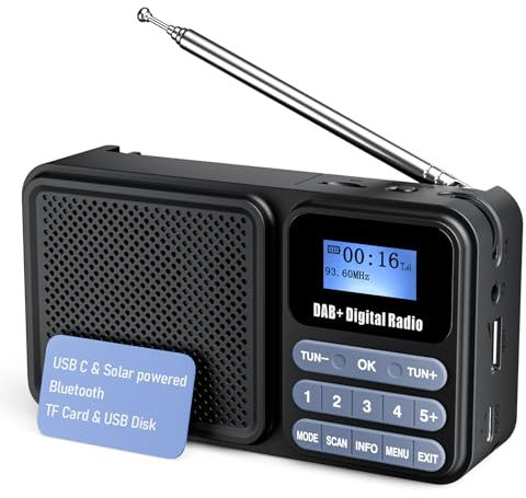 Gallypek Radio DAB portatile, DAB Plus Radio FM con Bluetooth 5.0 e 80 preset radio da cucina con cavo o funzionamento a batteria da 2200 mAh, supporto solare e USB ricarica flash drive/TF/AUX