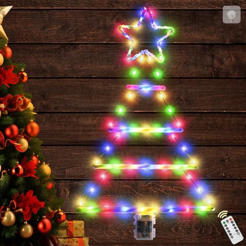 Ulikey 67cm LED Weihnachtsbaum Leiter Lichterkette, Weihnachtsbeleuchtung Außen Batterie mit Fernbedienung, Wasserdicht Weihnachtsleiter Weihnachtsdeko Lichter für Innen Außen Fenster, 8 Modi (Bunt)