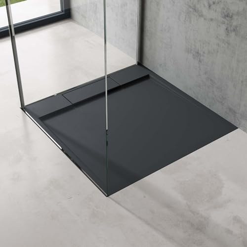 doporro Duschtasse Duschwanne 80x80x4 Mineralguss Anthrazit Ablaufgarnitur | Flache Duschwanne für bodenebene Montage mit DIN-Anschlüssen – stabil & pflegeleicht für moderne Duschen Geoma04