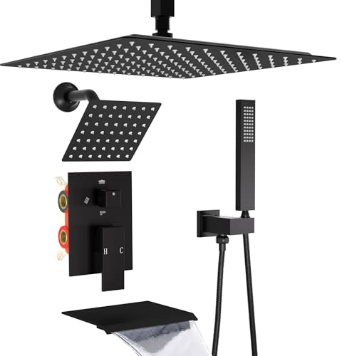 Dual Shower Heads System with Tub Spout, Ceiling Mount 12 Inch Shower Head with 6 Inch Wall Mount Shower Head Shower Faucet Set, Matte Black