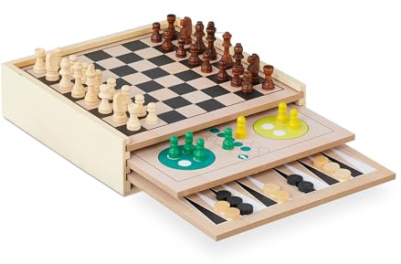 Relaxdays wooden game collection, 7 classic board games, chess, ludo, backgammon, family games, colourful