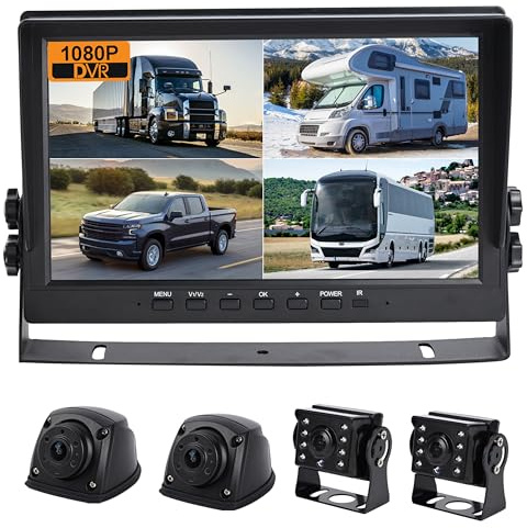 CAMSLEAD Sistema di telecamera di backup HD 1080p, monitor IPS da 10 pollici, registrazione DVR integrata, con Quad Split; IP69 impermeabile, telecamera di visualizzazione laterale posteriore