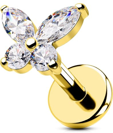 OUFER Body Piercing 18G Lippenpiercing Butterfly Helix Stud Clear Cubic Zirconia Tragus Conch Labret Piercing Jewelry 6/8mm Surgical Steel Helix Flat Back Earring