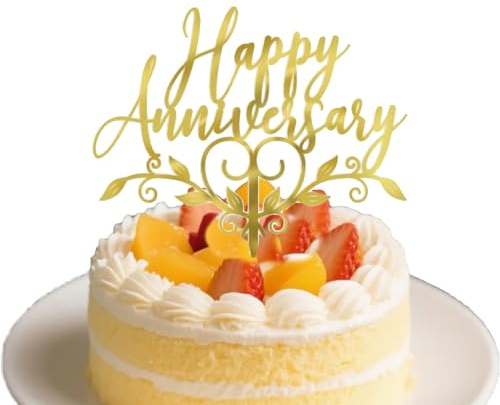 Happy Anniversary Cake Topper, Acrylic Wedding Anniversary Cake Topper Decorations, Golden Glitter Metallic Reusable Party Supplies for Birthday, Wedding, Baby Shower, Company Party
