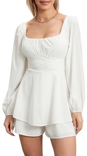 Kouoybt Womens Short Romper Off Shoulder Lantern Long Sleeve Ruffle Layer High Waist Jumpsuits A-Line Mini Short Romper Playsuits (White 1, S)