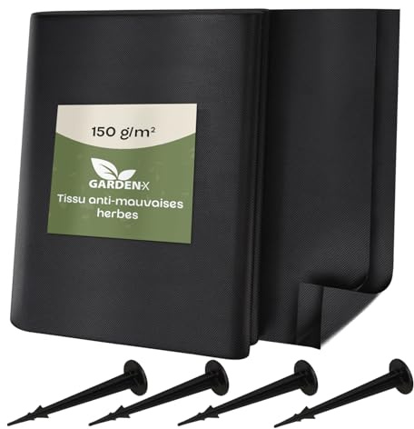 GARDENIX 48m² Toile anti-mauvaises herbes avec 50 ancres de terre 48m² (3,2m x 15m) - Perméable à l'eau 150g/m² - Film en non-tissé noir résistant aux UV pour parterre surélevé, film de protection