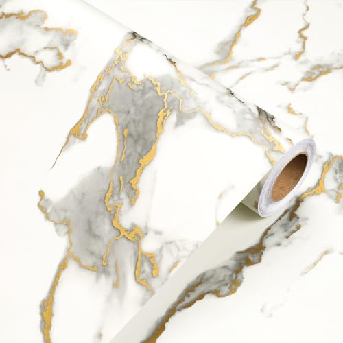 YENHOME Papier Peint Adhesif Marbre Blanc Salon 60x300cm Papier Peint Autocollant Marbre Blanc Doré Chambre Rouleau Adhesif Decoratif pour Bureau Résistant à l'Huile pour Plan de Travail Cuisine