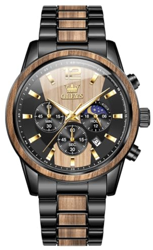 OLEVS Montre chronographe Homme à Quartz Japonais : Bracelet en Bois Massif ou Acier Inoxydable, étanche, Classique et élégante - Cadeau Parfait pour Homme