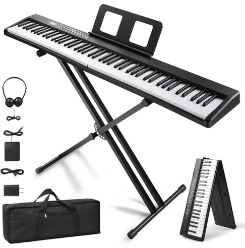 Bonnlo E Piano 88 Tasten, Faltbares Digitalpiano mit Halbgewichteter Keyboard, X-Ständer, Audio- & MIDI-Bluetooth, Sustain-Pedal-System, Kopfhörer – für Anfänger & Fortgeschrittene, Schwarz